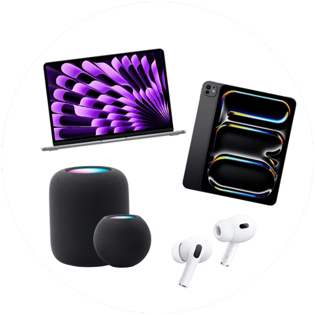 Produktabbildungen MacBook Air, iPad Pro, AirPods Pro 2 und HomePod