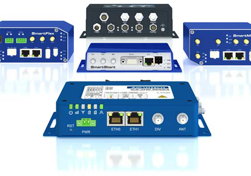 Verschiedene blaue und schwarze industrielle Router und IoT-Gateways mit Ethernet-Ports