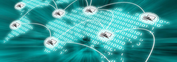 Symbolhafte Darstellung globaler Datenvernetzung mit Binärcode und Netzwerkknoten