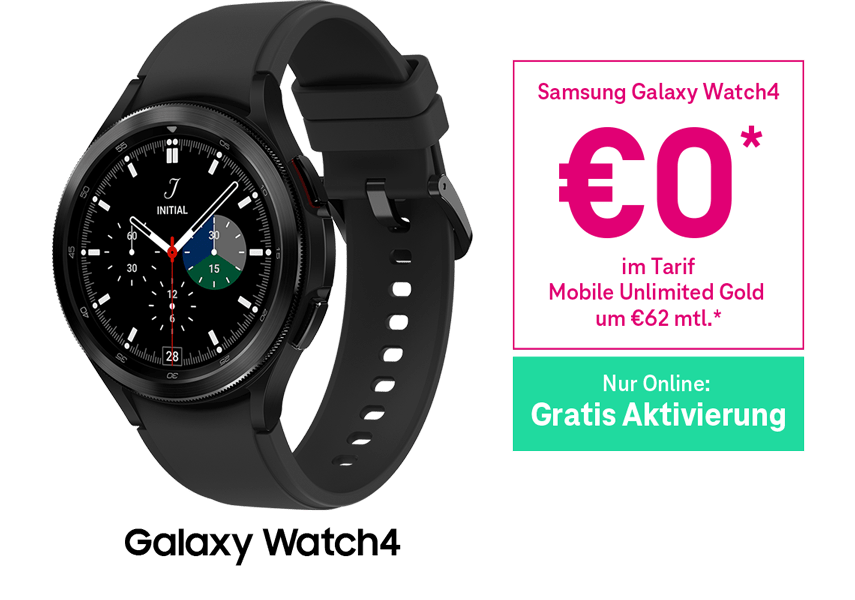 Samsung Galaxy Watch4 um €0 im Tarif Mobile Unlimited Gold um €62 mtl. Samsung Galaxy Watch4 um €0 im Tarif Mobile Unlimited Gold um €62 mtl.