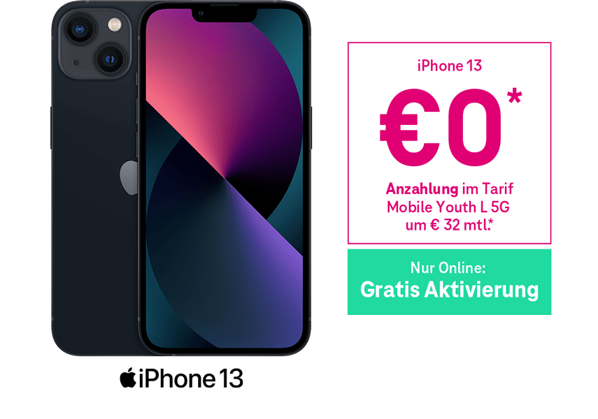 iPhone 13 um €0 Anzahlung im Tarif Mobile Youth L 5G um €32 mtl. iPhone 13 um €0 Anzahlung im Tarif Mobile Youth L 5G um €32 mtl.