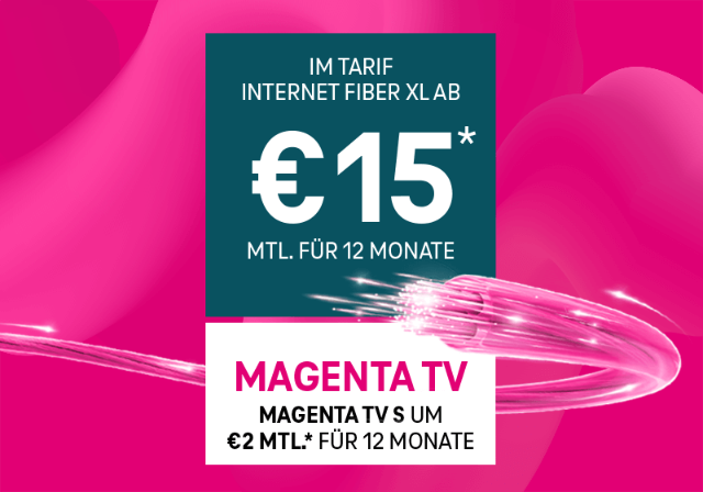 Internet Fiber XL ab €15 monatlich für 12 Monate. Magenta TV S um € 2 monatlich für 12 Monate.
