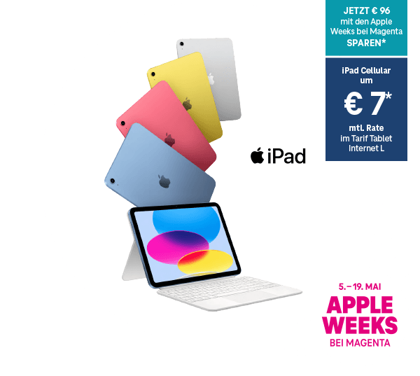 Jetzt € 96 mit den Apple Weeks bei Magenta Sparen. iPad Cellular um € 7 monatliche Rate im Tarif Tablet Internet L