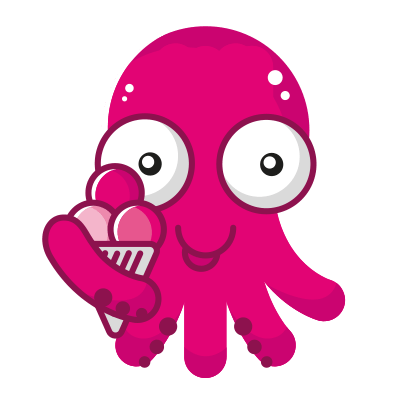 Kraki Das Maskottchen Kraki, ein magentafarbener Kraken, hält ein Eis in der Hand