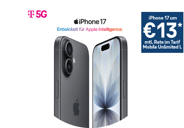 iPhone17. Entwickelt für Apple Intelligence. Um €13 monatliche Rate im Tarif Mobile Unlimited L