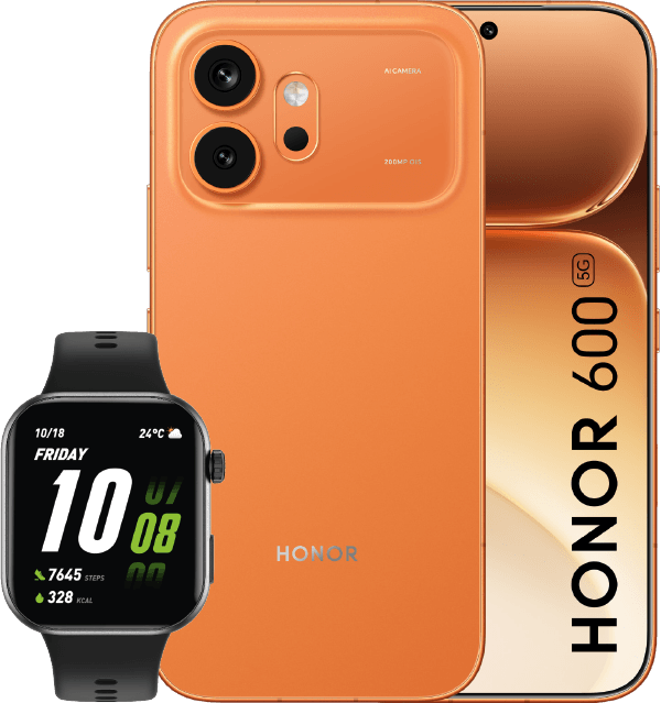 Produktabbildung HONOR 600 in orange, Vorder und Rückansicht und HONOR Watch 2i