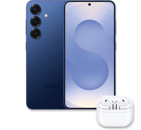 Produktabbildung Samsung Galaxy S25 in Blau und Samsung Galaxy Buds 3