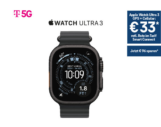 Apple watch Ultra 3 GPS + Cellular: € 33 monatliche Rate im Tarif Smart Connect. Jetzt € 96 sparen