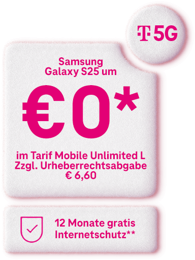 Samsung Galaxy S25 um € 0 im Tarif Mobile Unlimited L, zzgl. Urherberrechtsabgabe € 6,60, 12 Monate gratis Internetschutz