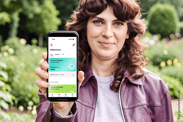 Eine Frau hält ein Handy, auf der die Mein Magenta App zu sehen ist, in die Kamera. Bild generiert mit AI.
