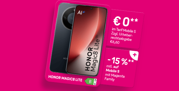 €0 im Tarif Mobile S zzgl. Urheberrechtsabgabe € 6,60, -15% mtl. auf Mobile S mit Magenta Family