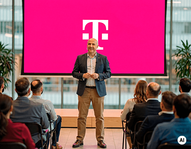 Ein Mann hält einen Vortrag vor einer Menschenmenge. Im Hintergrund zeigt eine große Leinwand das Magenta Logo. Bild generiert mit AI.