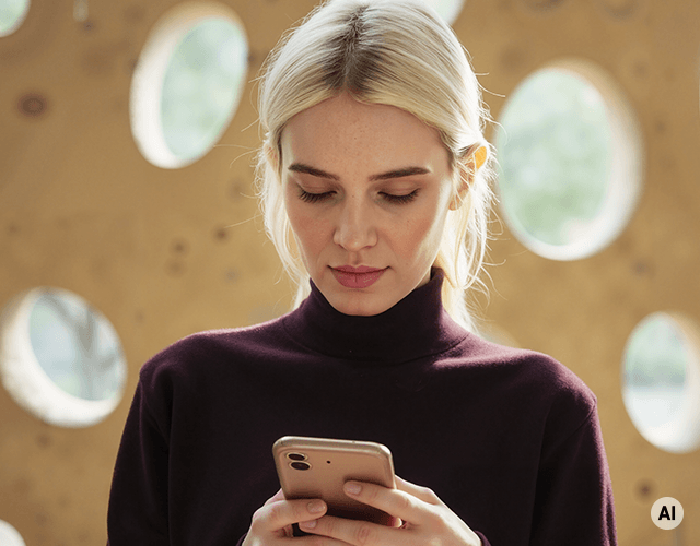Eine junge Frau blickt auf Ihr Handy. Bild generiert mit AI.