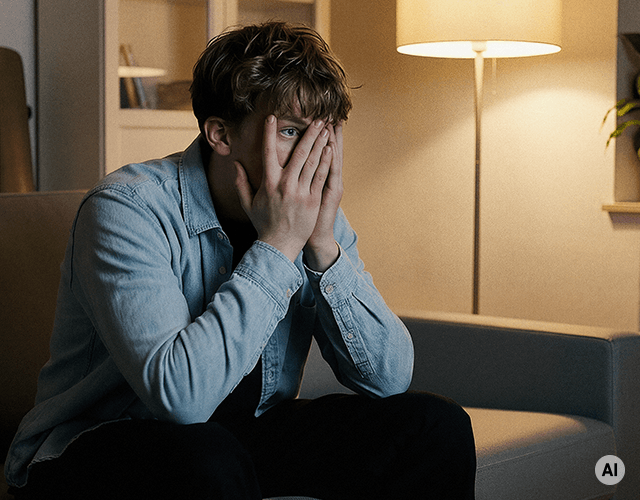 Ein junger Mann sitzt in einem dunklen Wohnzimmer auf dem Sofa. Er stützt sein Gesicht mit einem verzweifelten Gesichtsausdruck auf seine Hände. Bild generiert mit AI.
