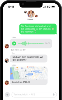 Smartphone-Screenshot einer RCS-Chat-Unterhaltung mit Textnachrichten, Sprachnachricht und geteilter Standortkarte.