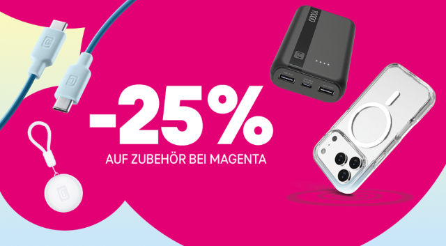 Werbegrafik mit Smartphone-Zubehör und Hinweis auf 25 Prozent Rabatt auf Zubehör in Magenta Shops.