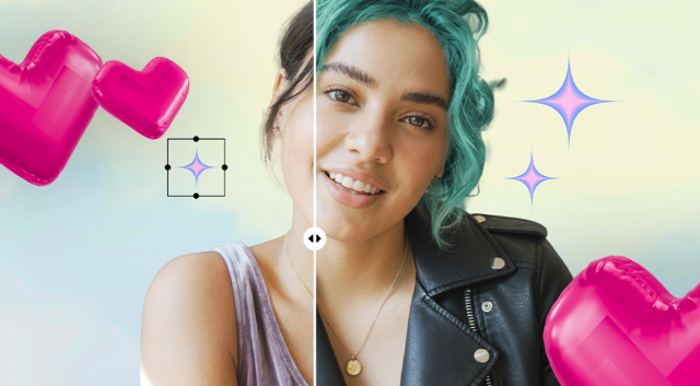 Alt-Text: Junge Frau mit türkisfarbenen Haaren vor grafischen Bearbeitungselementen; über Magenta Moments gibt es 6 Monate Picsart Pro gratis.