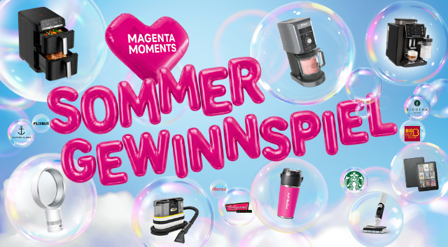 Werbegrafik zum Magenta Moments Sommergewinnspiel mit verschiedenen Preisen und 100 Top-Gewinnchancen.