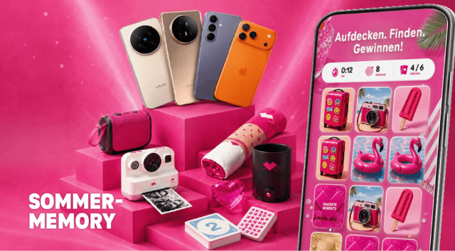 Werbegrafik zum Magenta Moments Sommer Memory mit verschiedenen Preisen und 100 heißen Gewinnchancen.