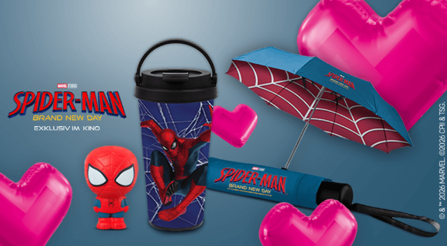Werbegrafik mit Spider-Man Fanartikeln und Hinweis auf 3 Goodie-Packs, die über Magenta Moments gewonnen werden können.