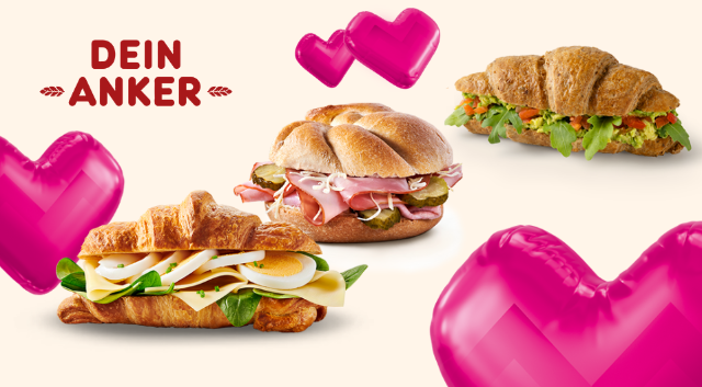 Werbegrafik mit verschiedenen belegten Weckerln von Anker und Hinweis auf 20 Prozent Rabatt in Magenta Moments.