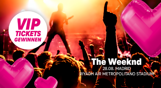 Konzertszene mit jubelndem Publikum und Hinweis auf ein Magenta Moments Gewinnspiel für VIP-Tickets von The Weeknd.