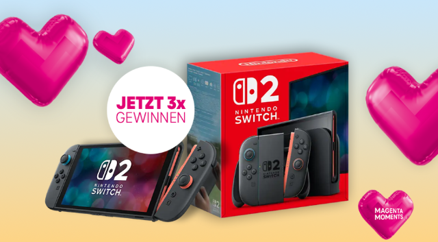 Nintendo Switch 2 mit Spielekonsole und Verpackung; über Magenta Moments in der Mein Magenta App werden drei Konsolen verlost.
