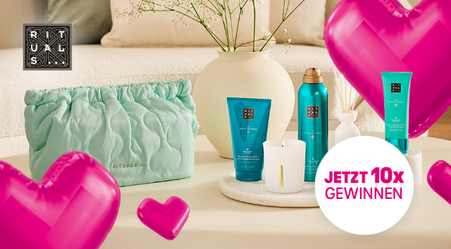 Werbegrafik mit Rituals Pflegeprodukten und Hinweis auf ein Magenta Moments Gewinnspiel.