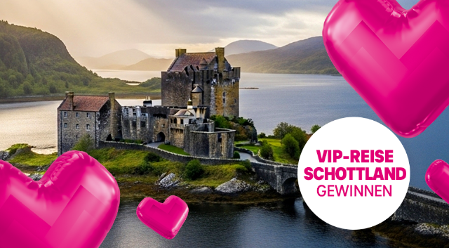 Werbegrafik mit schottischer Burglandschaft und Hinweis auf ein Magenta Moments Gewinnspiel für eine VIP-Reise nach Schottland.