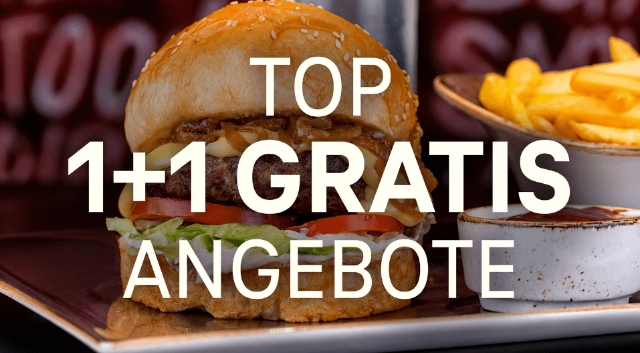 Burger mit Pommes und dem Hinweis „Top 1+1 Gratis-Angebote“ als Vorteil von Magenta Moments.