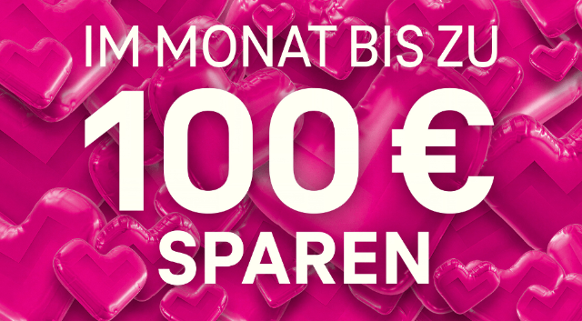 Magenta Moments Werbegrafik mit zahlreichen magentafarbenen Herzen und dem Hinweis „Im Monat bis zu 100 € sparen“.