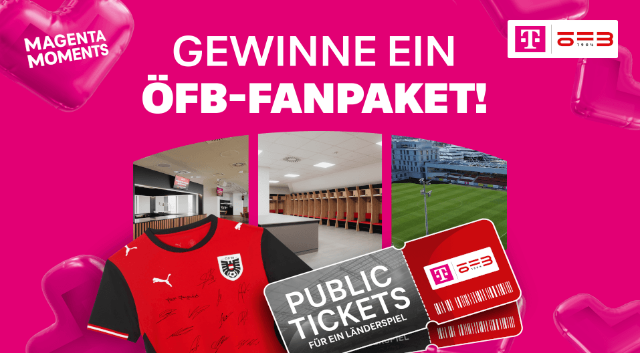 Werbegrafik für ein Magenta Moments Gewinnspiel mit ÖFB-Trikot und Tickets für ein Länderspiel.