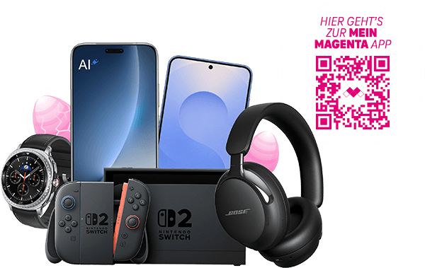 Mehre Smartphones, Kopfhörer, Smart Watch und eine Nintendo Switch 2 als Preise - Ein QR Code, der in die Mein Magenta App führt.