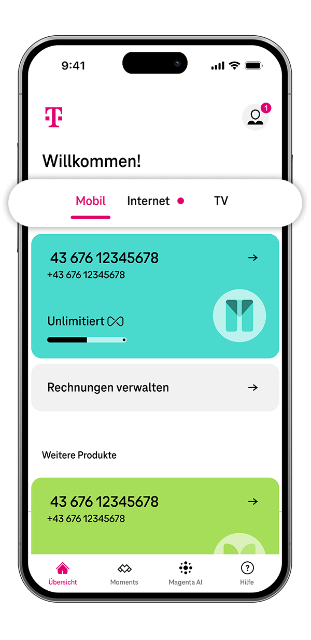 Der Mein Magenta Startbildschirm mit Navigationspunkten für Mobil, Internet und TV Der Mein Magenta Startbildschirm mit Navigationspunkten für Mobil, Internet und TV