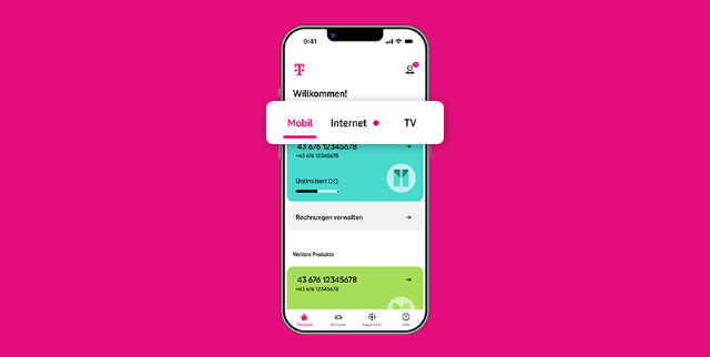 Ansicht der Mein Magenta App - Die Starseite mit eigenen Reitern für Mobil-, Internet- und TV-Verträgen