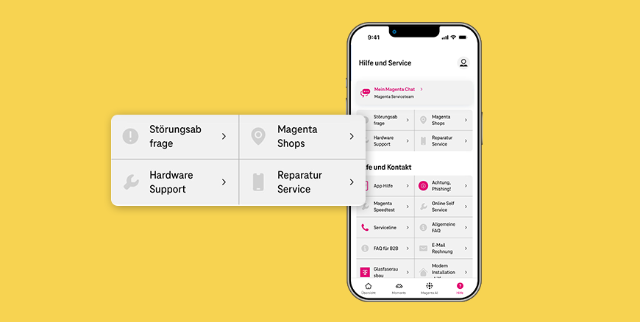Ansicht der Mein Magenta App - Die Hilfe und Service Seite mit der Störungsabfrage