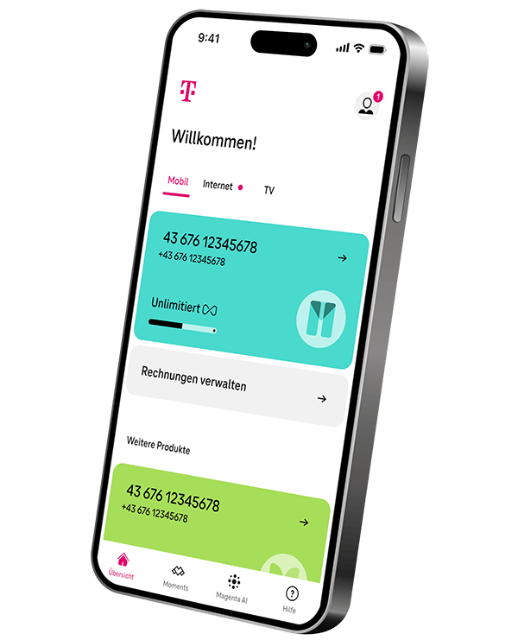 Smartphone mit geöffneter Magenta App, Anzeige von Mobil-, Internet- und TV-Produkten sowie Rechnungsverwaltung