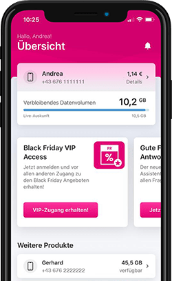 Übersicht Smartphone mit geöffneter Mein Magenta App zeigt Übersicht Screen.