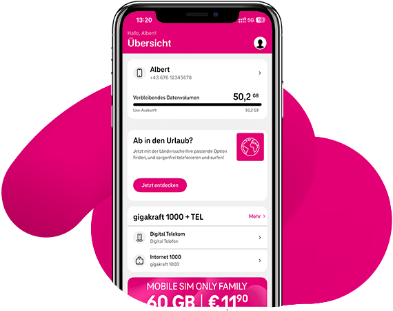 Übersicht Smartphone mit geöffneter Mein Magenta App zeigt Übersicht Screen.