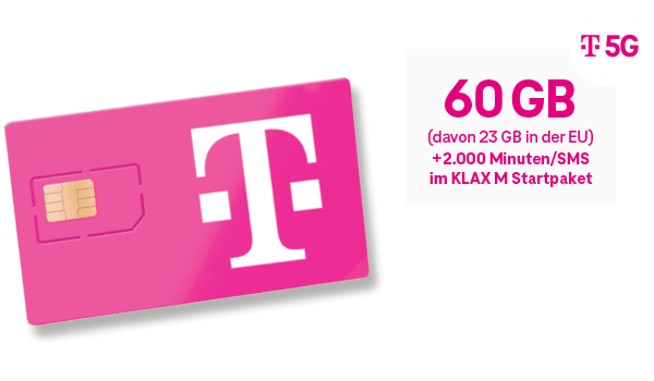 60 GB (davon 23 GB in der EU) + 2.000 Minuten / SMS im KLAX M Startpaket, € 10 für die ersten 4 Wochen