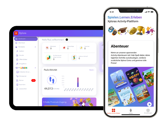 Activity Tablet und Smartphone zeigen Xplora-Plattform mit Aktivitätsübersicht, Lernspielen und Abenteuern zur Förderung von Bewegung und Lernen.