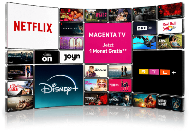 Ein Bildschirm zeigt mehrere Kachlen mit unterschiedlichen Filmpostern und Streaming Anbietern. Magenta TV - Jetzt 1 Monat Gratis