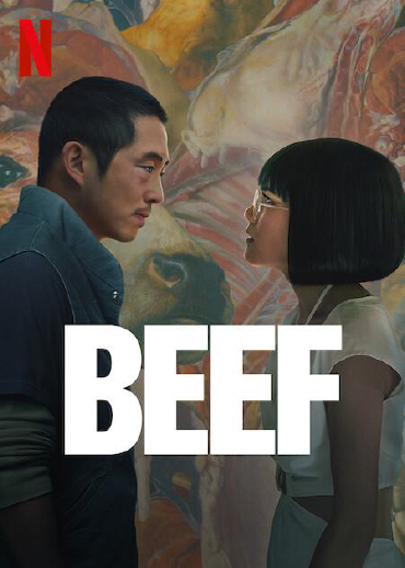 Filmposter des Films Beef mit Netflix Logo: Zwei Personen stehen gegenüber und blicken sich tief in die Augen