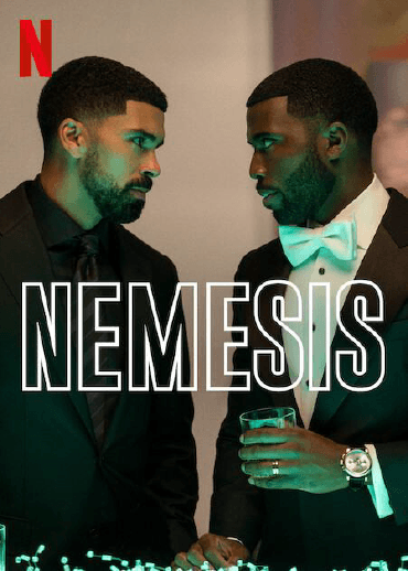Filmposter des Filmes Nemesis mit Netflix Logo: Zwei Männer in Anzügen stehen sich gegenüber und blicken sich bedrohlich in die Augen.