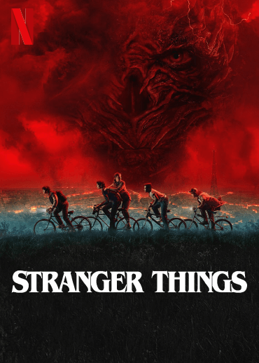 Netflix Filmposter von "Stranger Things" - 5 Kinder fahren mit dem Fahrrad, im Hintergrund ist ein düsteres Gesicht in roten Wolken zu sehen
