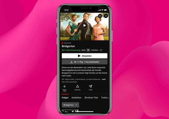 Smartphone zeigt Netflix-Serie „Bridgerton“ in der App, bereit zum Abspielen mit Beschreibung, Staffel- und Episodenübersicht.