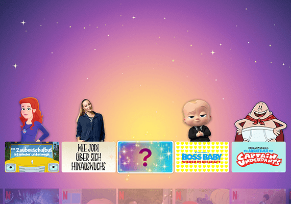 Bunte Netflix-Kinderprofil-Auswahl mit Charakteren aus Serien wie Der Zauberschulbus, Boss Baby, Captain Underpants und weiteren.