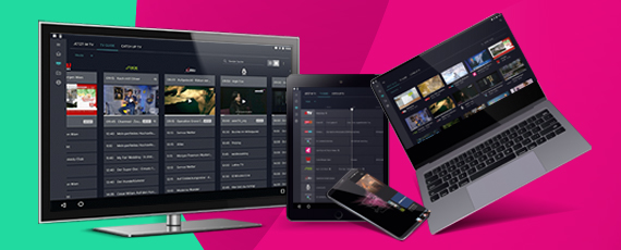Fernseher, Tablet, Smartphone und Laptop mit geöffneter Magenta TV App auf magentafarbenem Hintergrund