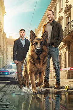 Filmposter Kommissar Rex - Ein deutscher Schäferhund und zwei Männer stehen auf der Straße