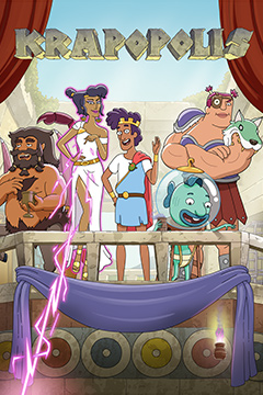 Filmposter Krapopolis - mehrere Zeichentrickfighuren stehen auf einer Steintribüne im alten Griechenland